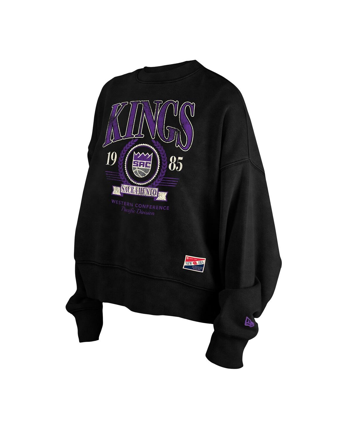 NEW ERA WOMEN'S BLACK SACRAMENTO KINGS HARDWOOD CLASSICS ENZYME WASH OVERSIZED BOXY PULLOVER SWEATSHIRT 