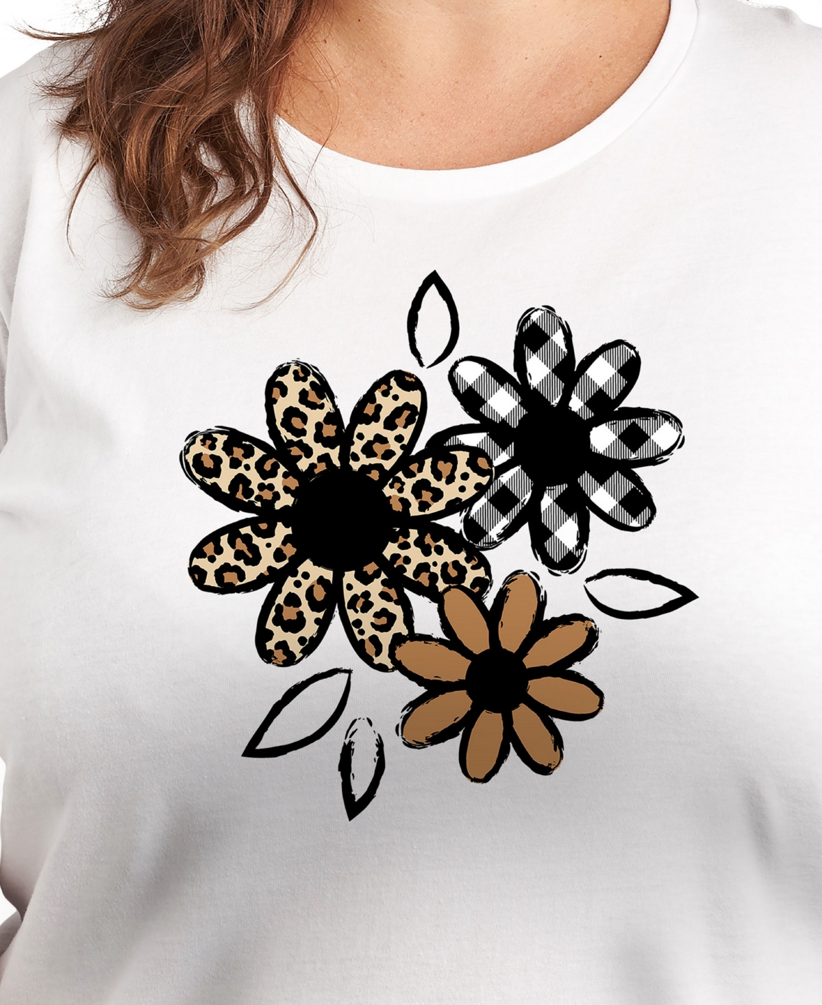 Hybrid Apparel Trendy Plus Size Pattern Flowers Size Graphic Crew Neck T-shirt In White