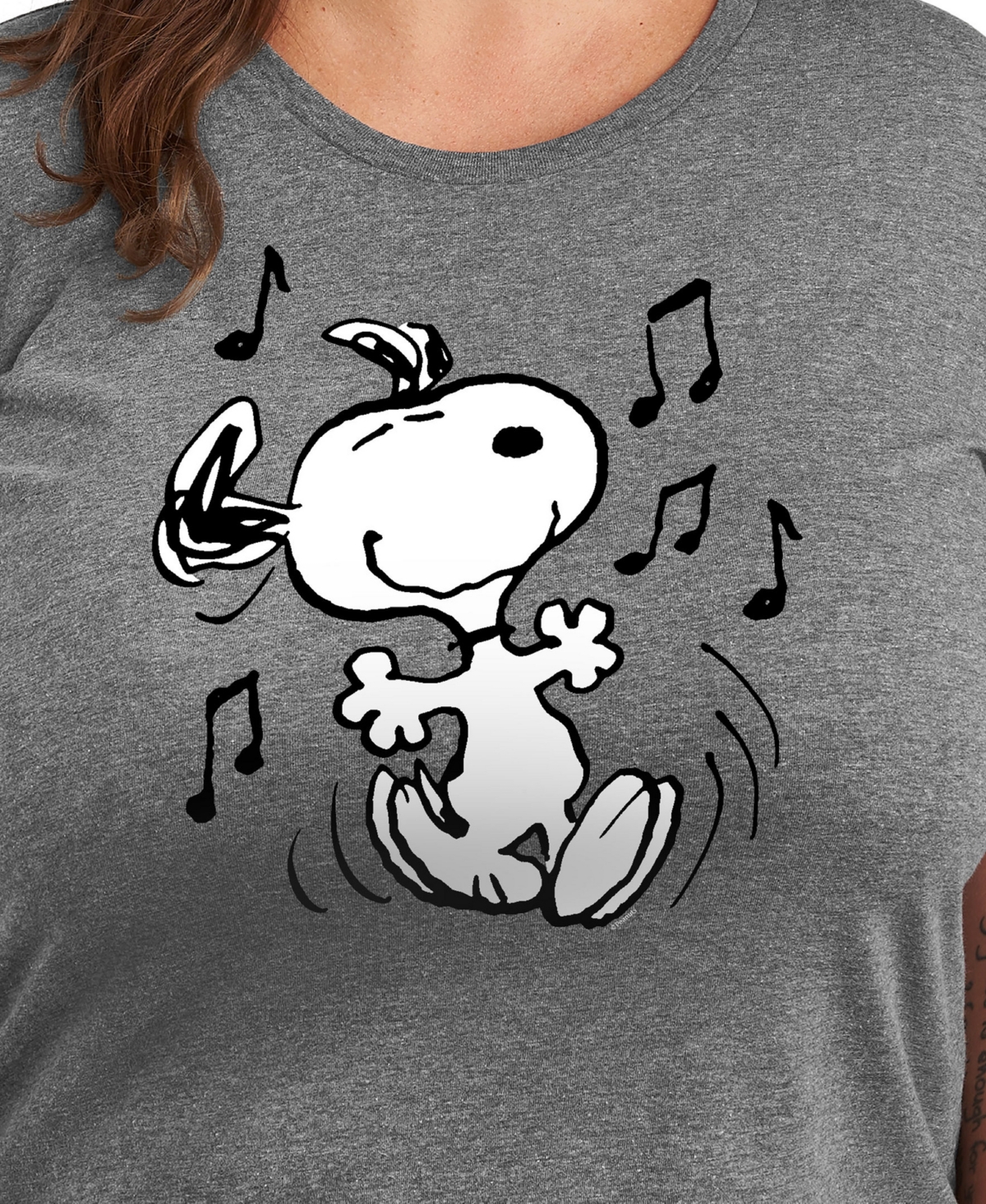 Hybrid Apparel Trendy Plus Size Peanuts Snoopy Music Dance Graphic Crew Neck T-shirt In Grey