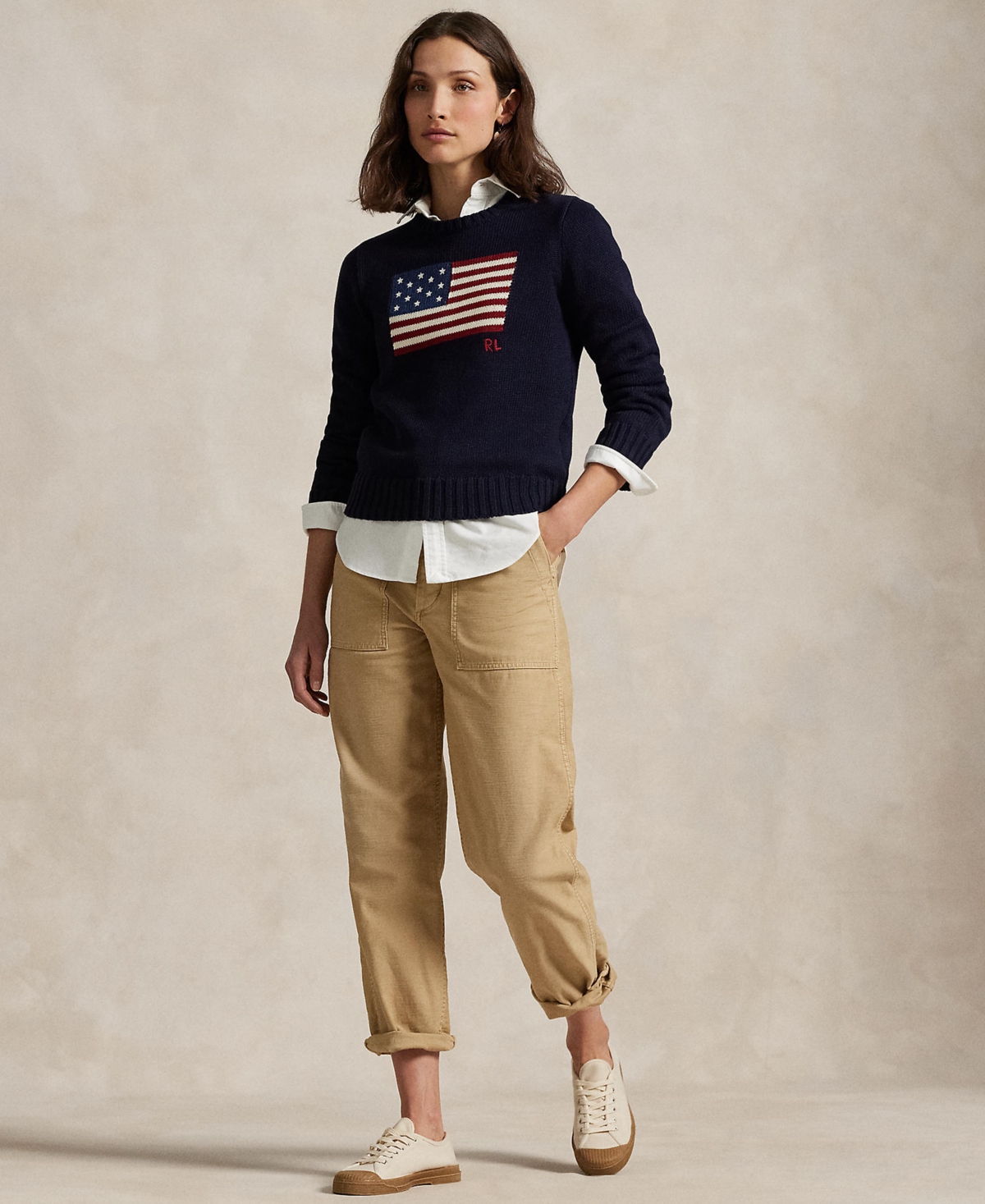 Shop Polo Ralph Lauren Women's Flag Cotton Crewneck Sweater In Navy