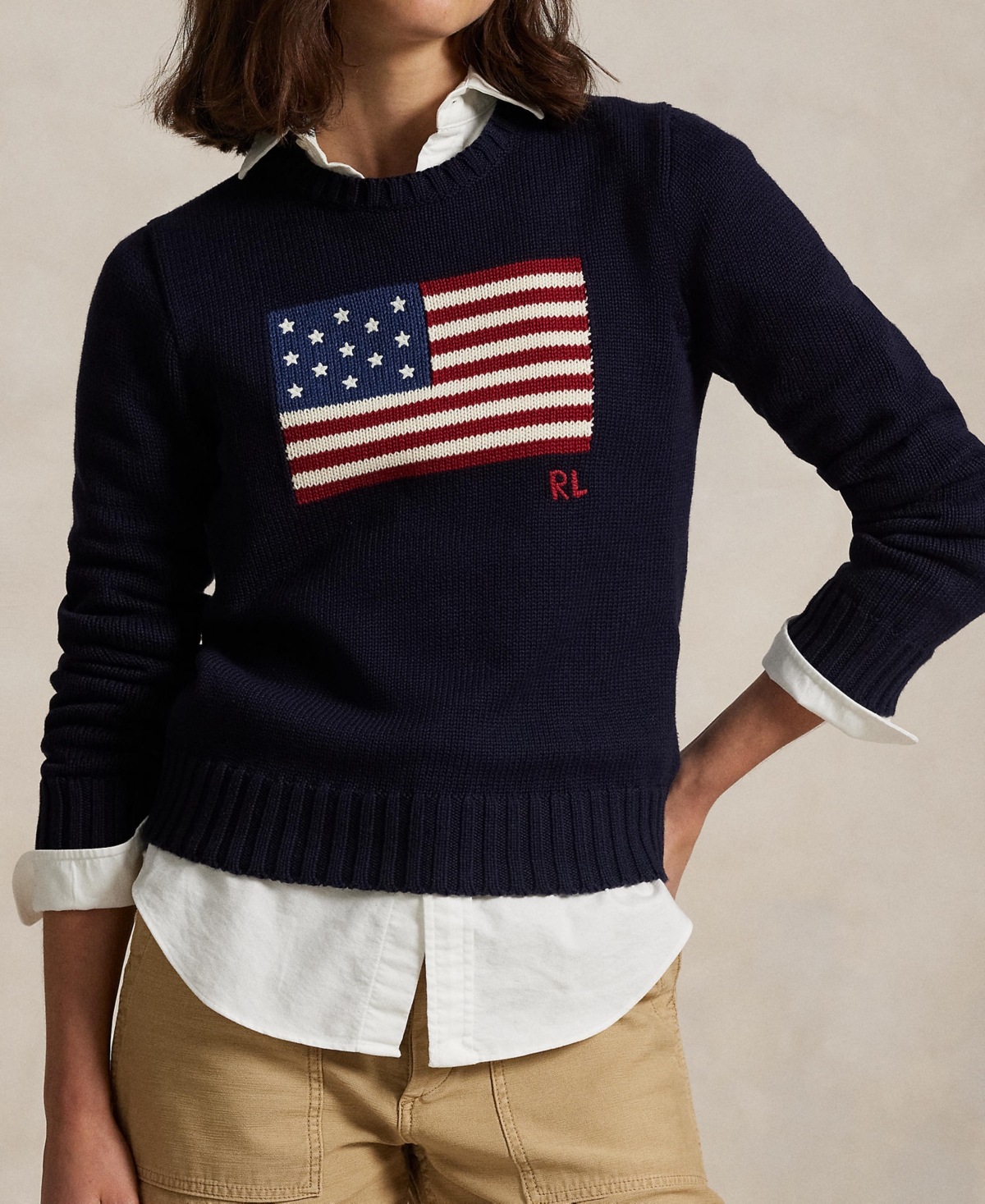 Shop Polo Ralph Lauren Women's Flag Cotton Crewneck Sweater In Navy