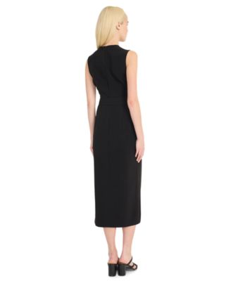 Women's Belted Boat-Neck Sleeveless Midi Dress