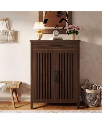 31.49" Wood 5-Tier Shoe Cabinet with Louvered Doors & Drawer Adjustable Shelves Freestanding Organizer for Entryway & Closet