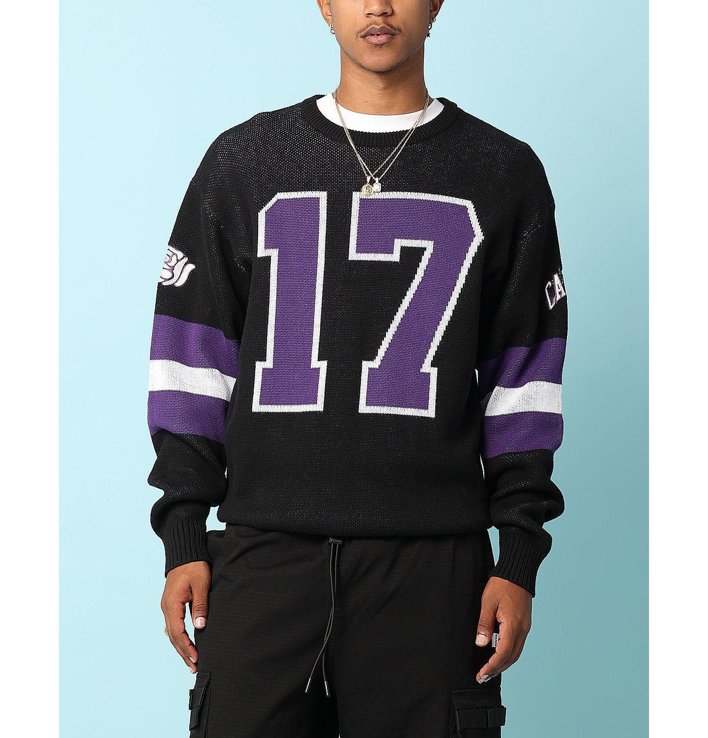 Мужской свитер CARRE Gridiron Knitted Sweater- Black, 2XL, цвет: Чёрный / Фиолетовый — фото 1