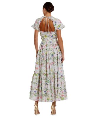 Women's Cap Sleeve V Neck Open Back Floral Cotton Dress