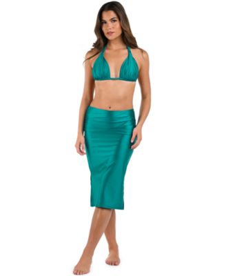 Shop La Blanca Womens Earth Goddess Halter Bikini Top Shirred Skirt Cover Up In Teal