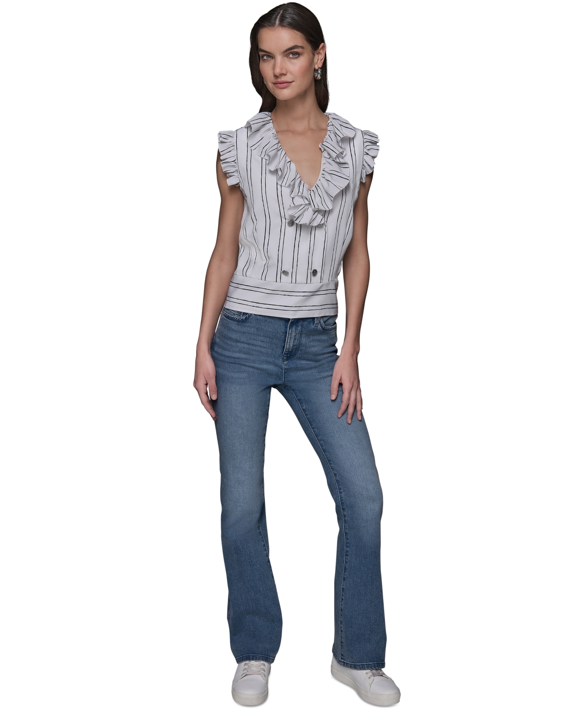 Shop Karl Lagerfeld Women's Ruffle-trim Striped Top In Soft White