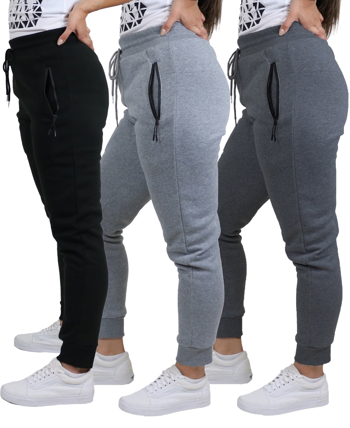 Galaxy By Harvic Women's Pro Star Loose Fit Fleece Lined Jogger Sweatpants 3-pack In Black-heather Gray-charcoal