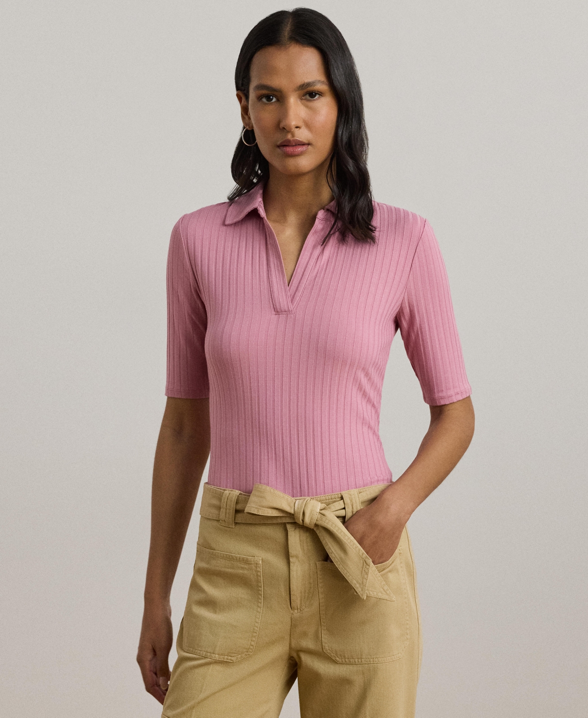 Women's Rib-Knit Elbow-Sleeve Polo Tee - Rose Mauve