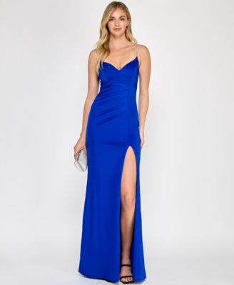 Juniors' Rhinestone Lace-Up-Back Satin Gown