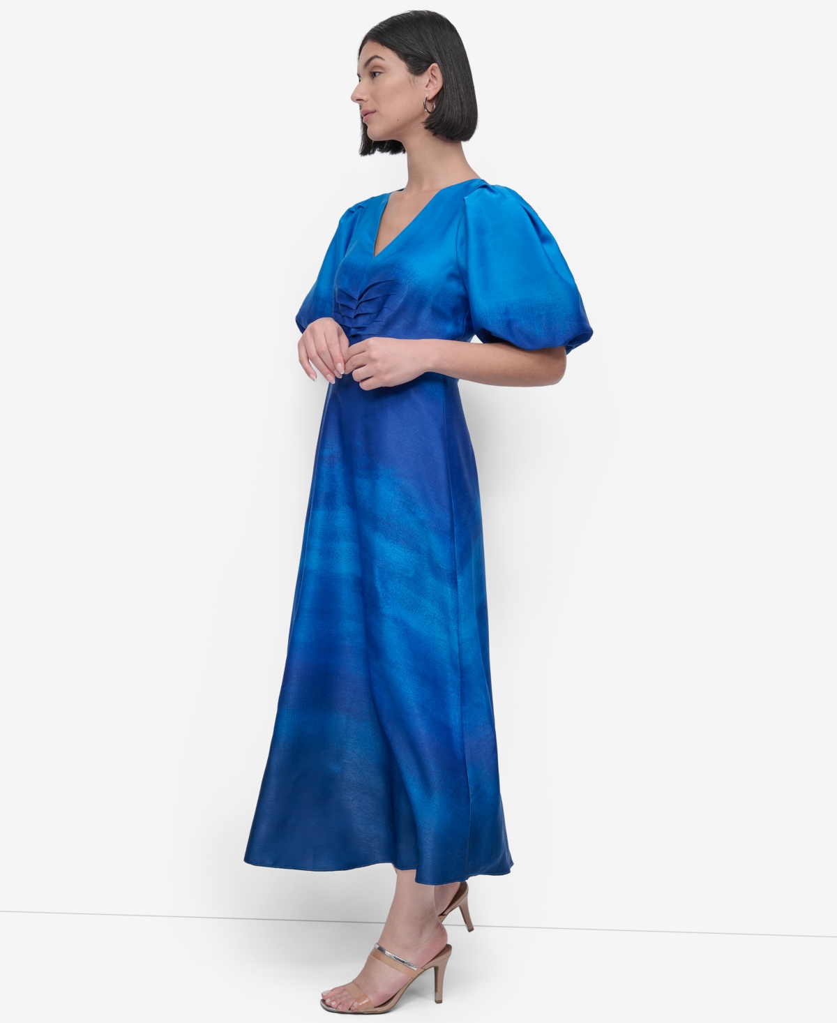 Shop Dkny Women's Printed Satin Puff-sleeve Midi Dress In Cornflower Ombre Border