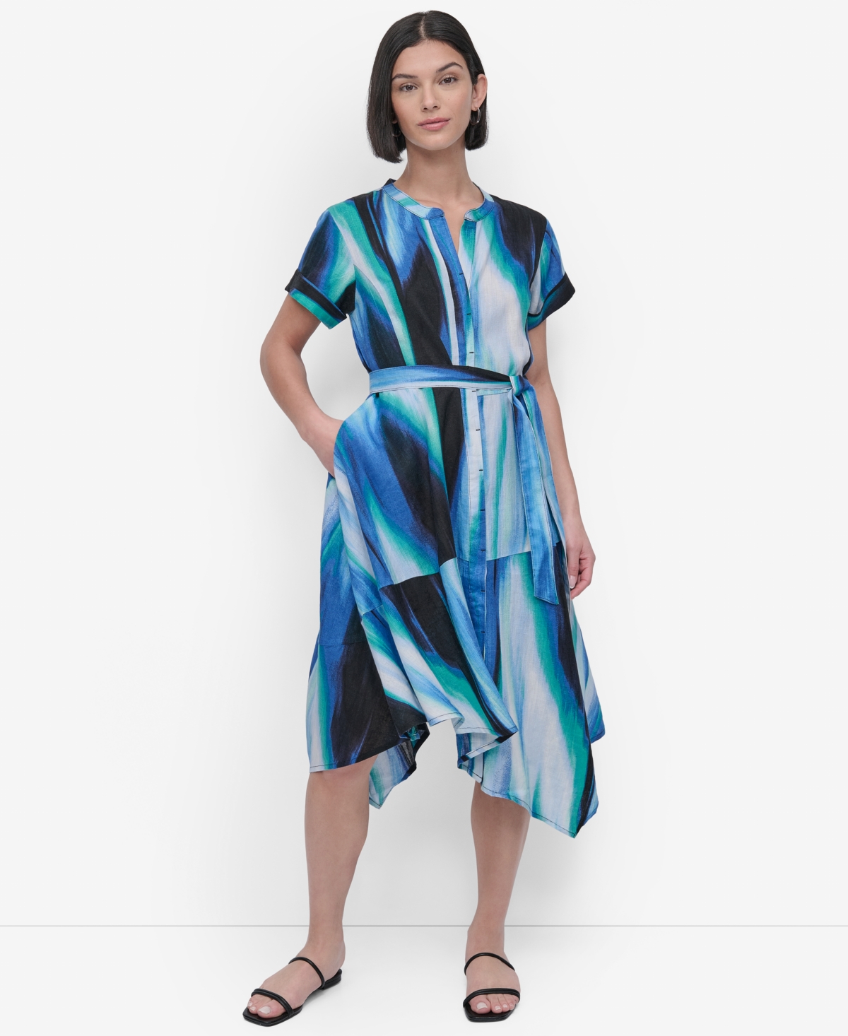 Dkny Print Tie Waist Linen Midi Dress In Caribbean Multi