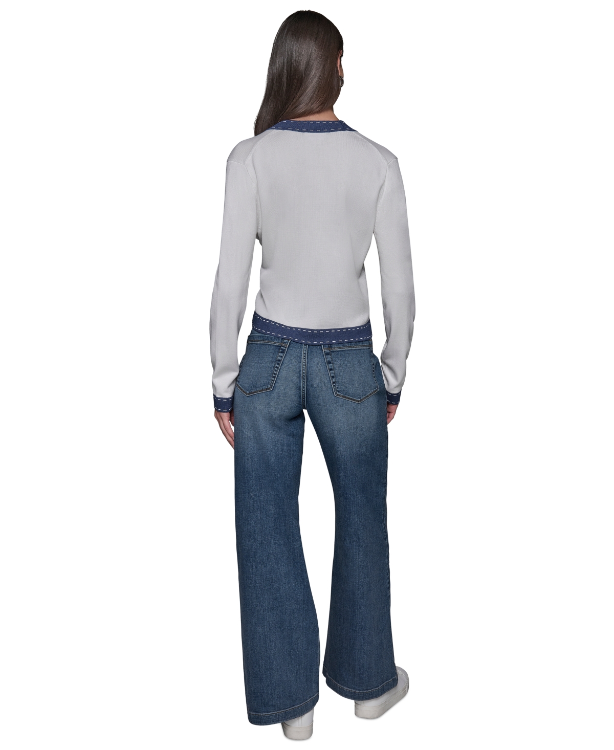 Shop Karl Lagerfeld Women's Contrast-trim V-neck Cardigan In Soft White  Indigo