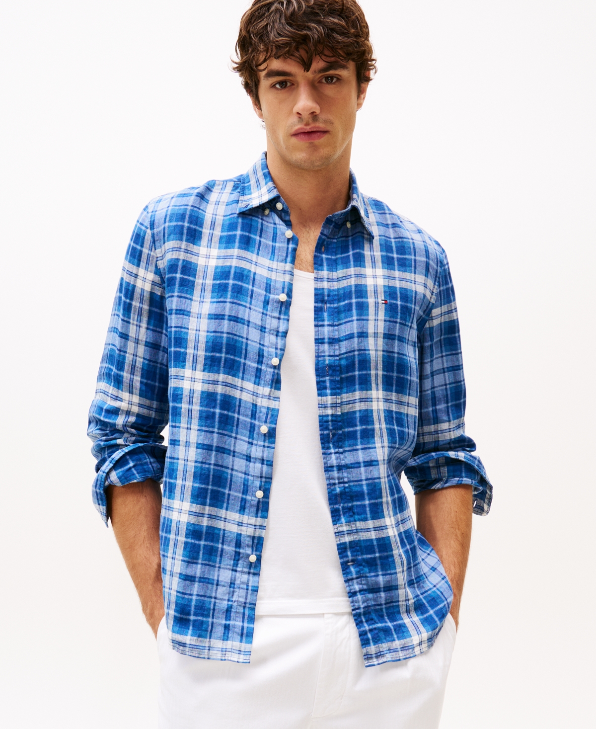 Tommy Hilfiger Regular Fit Check Print Linen Shirt In Night Sky,check