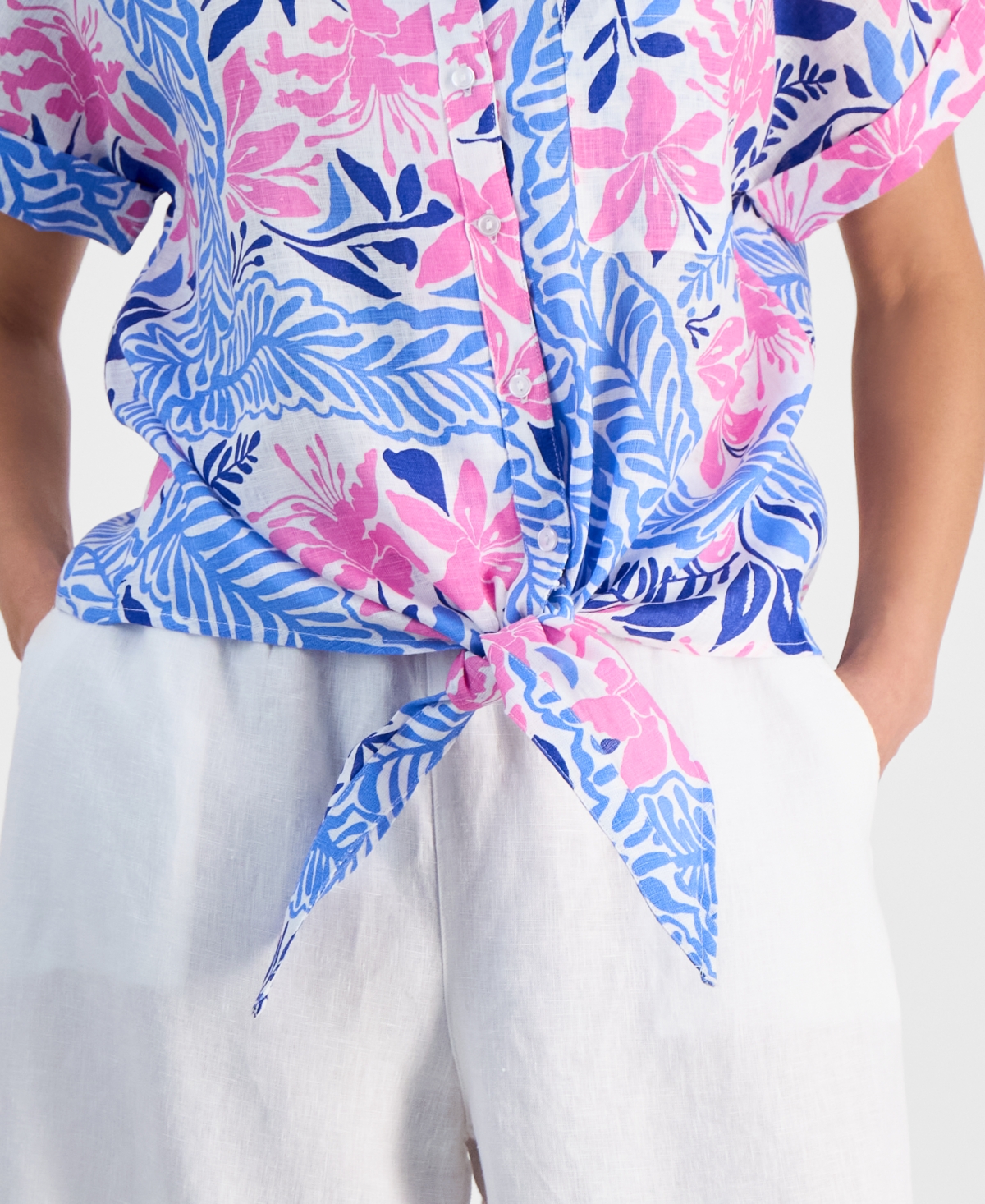 Charter Club Petite 100% Linen Floral-print Tie-front Shirt, Exclusively At Macy's In Bright White
