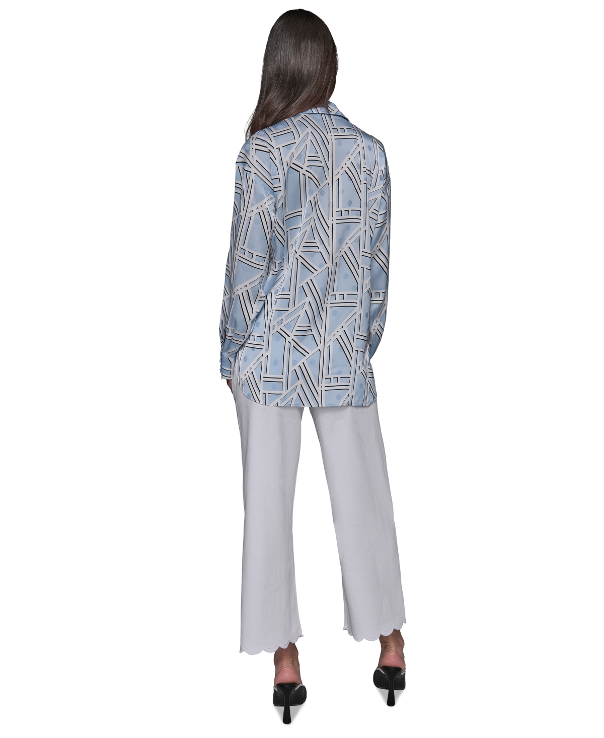 Shop Karl Lagerfeld Women's Satin Geo-print Oversized Button-front Top In Chambray Blue
