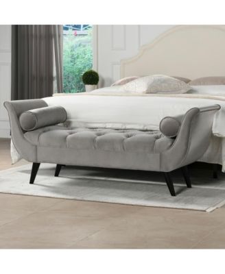 64 Inch Tufted Velvet Entryway Bench, Upholstered Bedroom Bench with Bolster Pillows & Wood Legs-The Pop Home