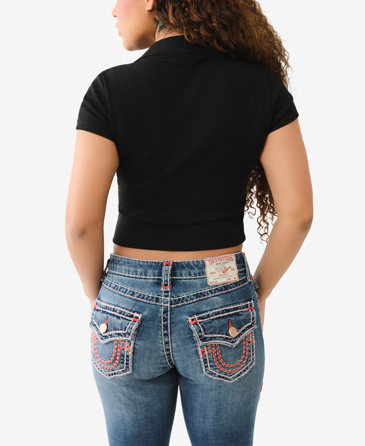 TRUE RELIGION WOMEN'S SS DEEP V-NECK RIB POLO TOP 