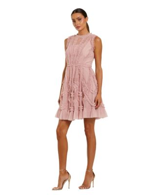Mac Duggal Women's Mesh Micro Ruffle High Neck Mini Dress