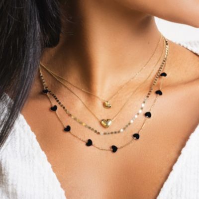 Onyx Heart Station Necklace 14K Gold