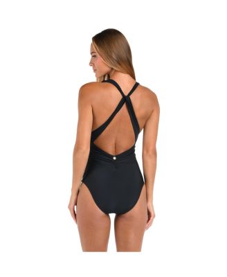 Women's One Piece Swimsuit Sunshine Solids V Plunge Halter Twist Back