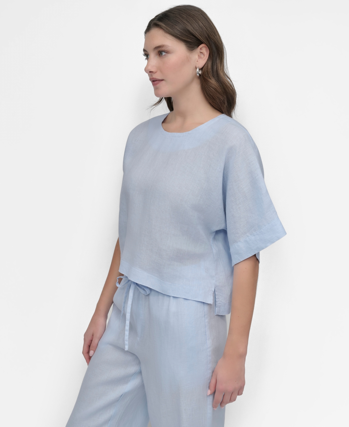 Dkny Linen Drop Shoulder Short Sleeve Top In Skyway Blue