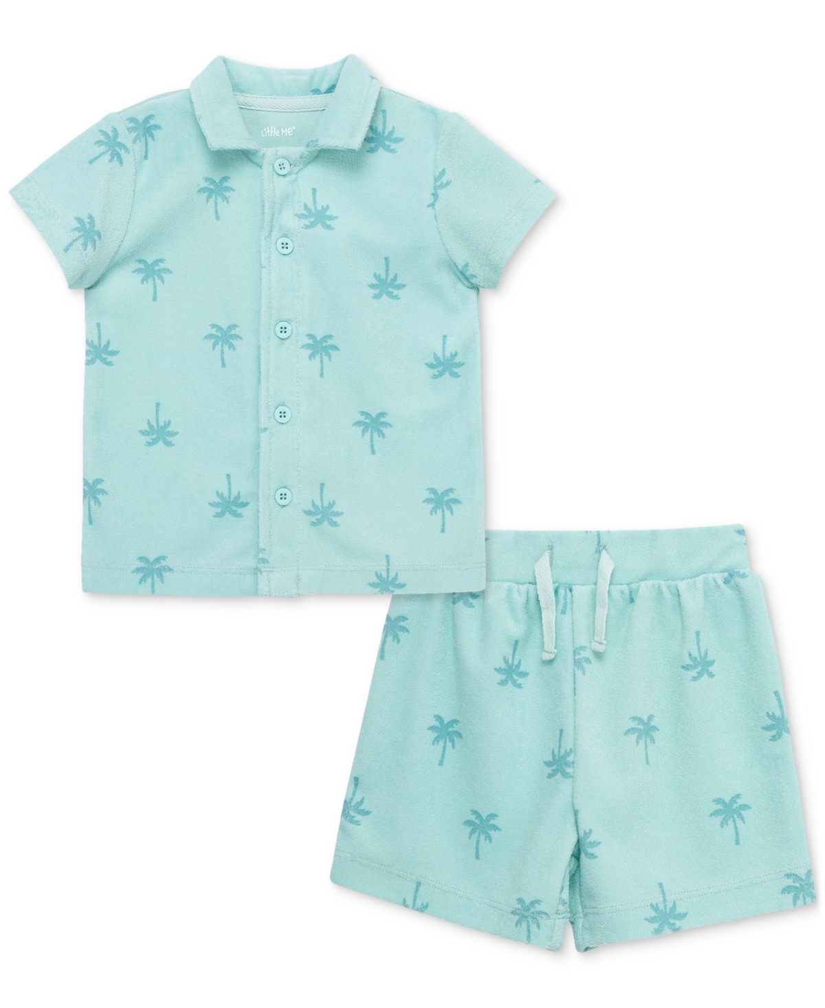 Shop Little Me Baby Boys 2-pc. Palm Tree Terry Button-down Shirt & Shorts Set In Blue