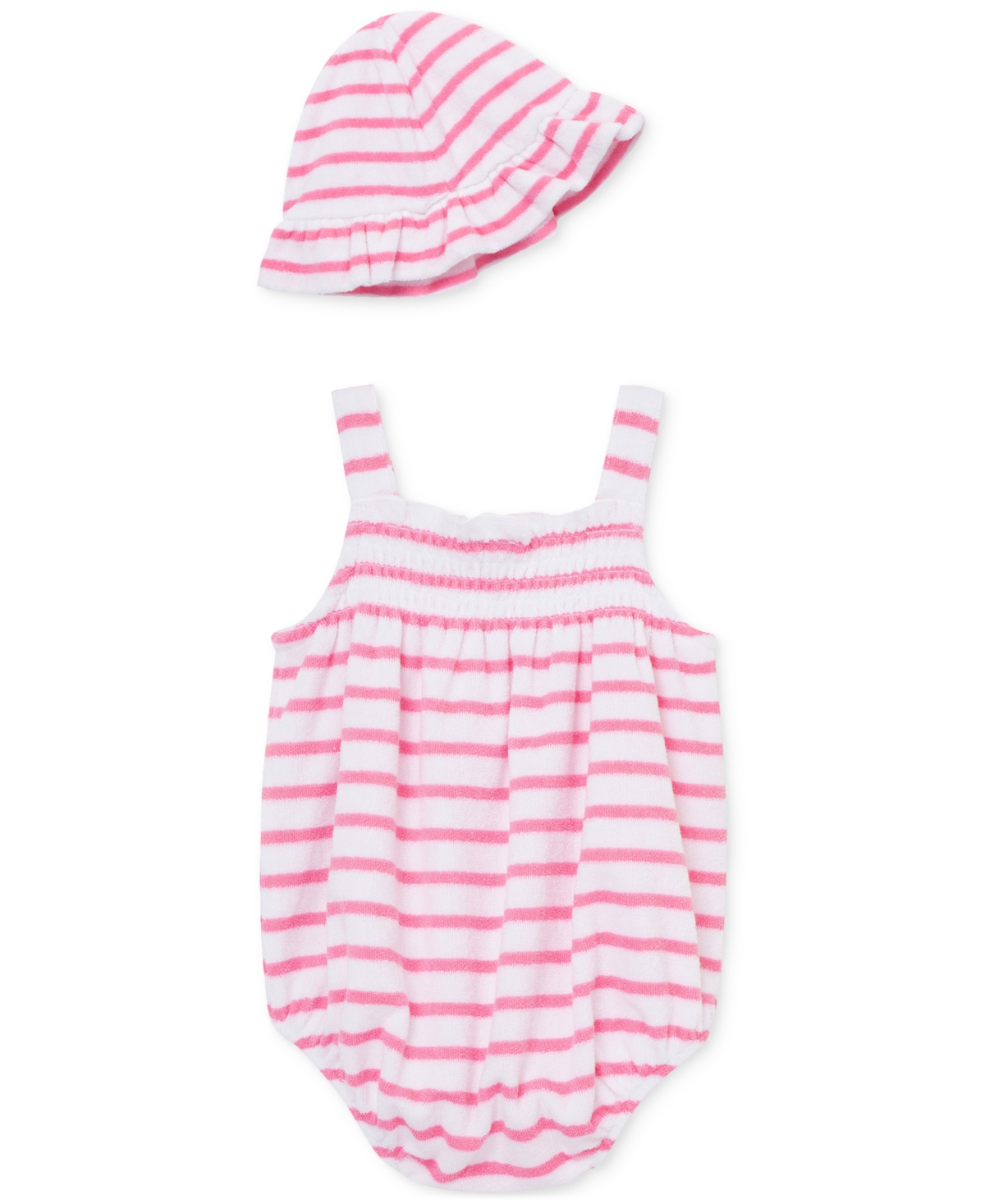 Shop Little Me Baby Girls 2-pc. Stripe Terry Bubble Romper & Bucket Hat Set In Bright Pink