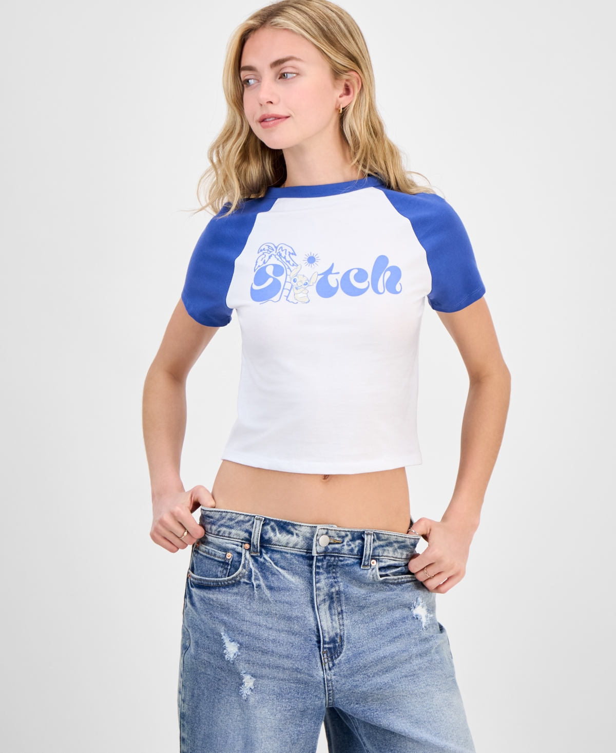 Juniors' Stitch Palm Raglan Crewneck Tee - White