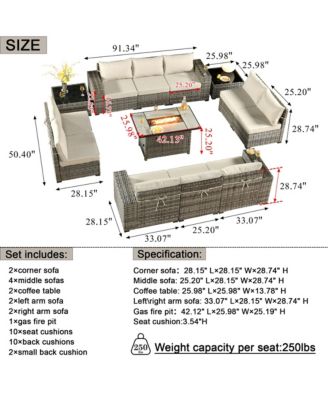 13 Pieces Patio Furniture Set,Outdoor Sectional Sofa Couch Set,Modern Patio Conversation Set with Rectangular Fire Pit Table,Wide Armrests and Deep Seat,Orange Red