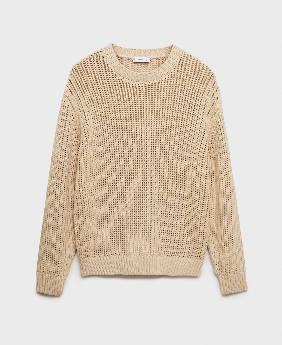 Mango Oversize Openwork Cotton Crewneck Sweater In Beige