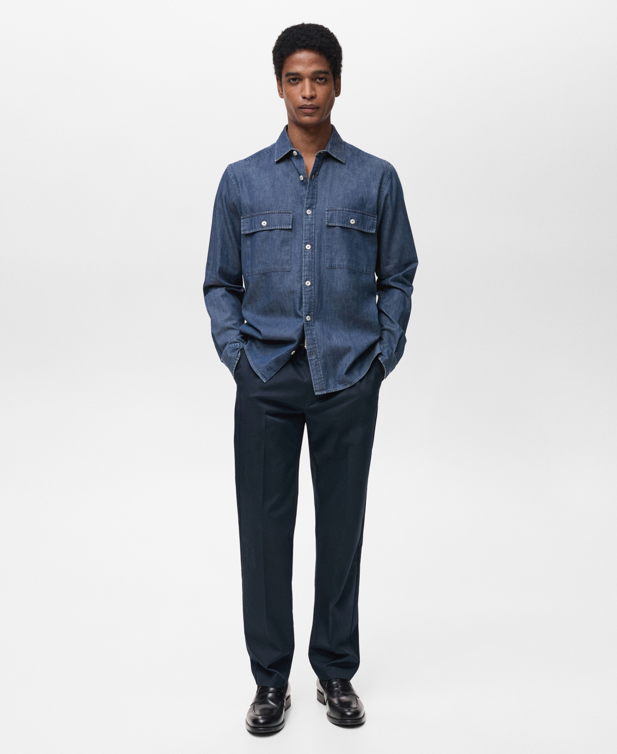 Mango Cotton Chambray Button-up Shirt In Dark Blue