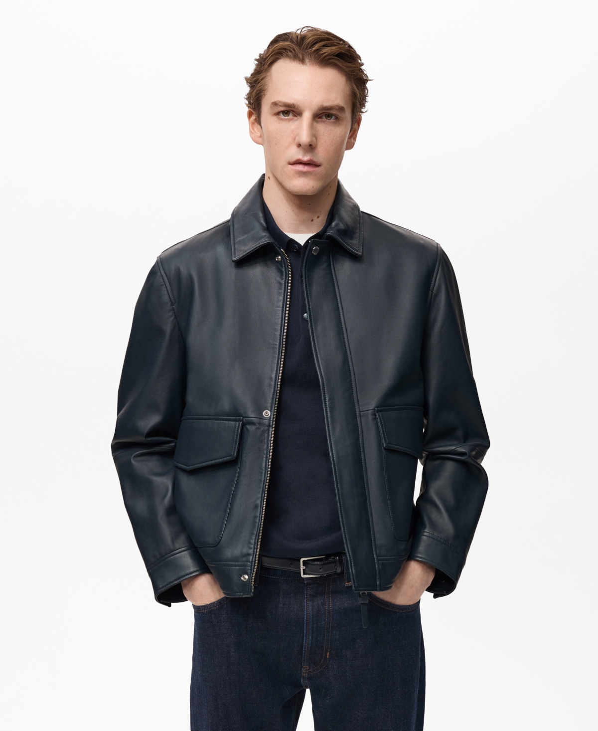 Men's Pocketed Nappa Leather Jacket - Night Blue