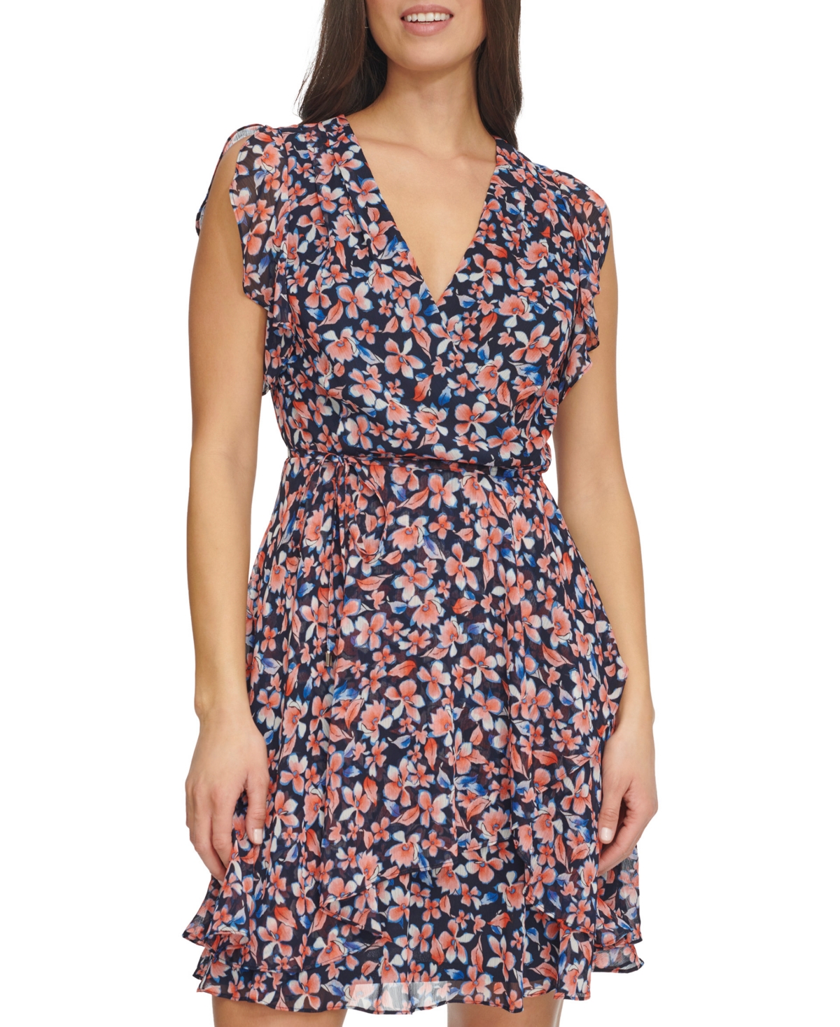 Tommy Hilfiger Women's Flutter-sleeve Faux-wrap Dress In Sky Captain Multi