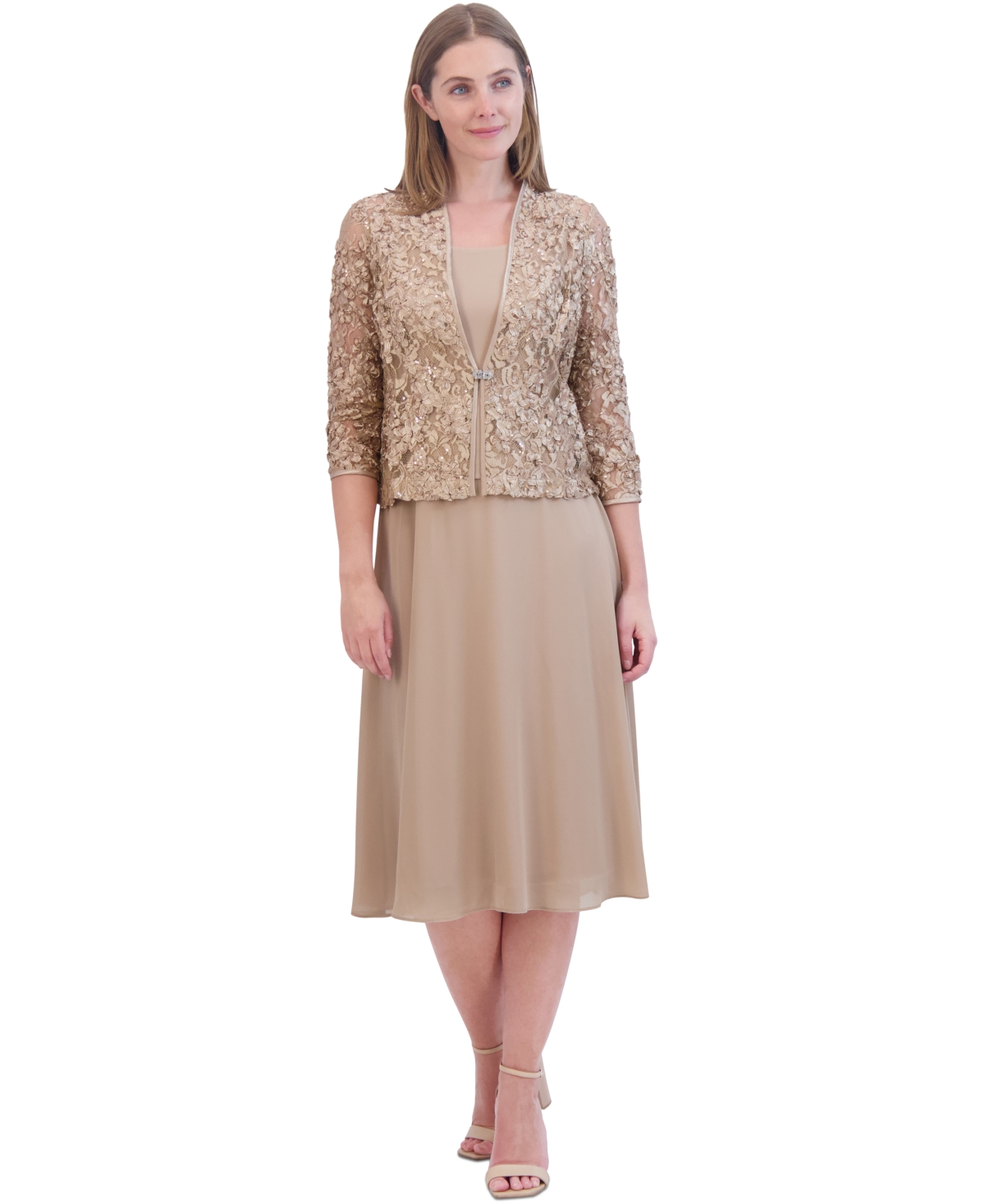 Jessica Howard Women's Soutache Jacket & Jewel-neck Midi Dress In Toffee