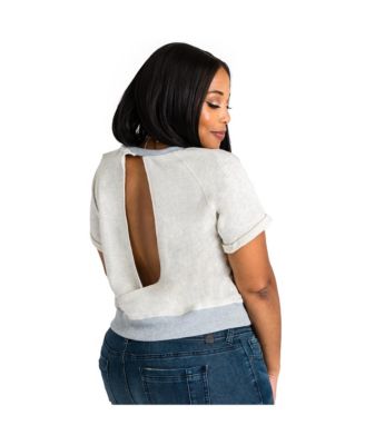 Plus Size French Terry Open Back Short Sleeve Sweatshirt