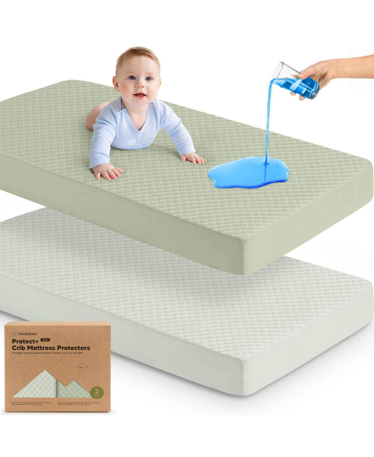 KeaBabies 2-Pack Protect+ Waterproof Crib Mattress Protector Covers, Quin Quilted Cotton Baby Mattress Topper, Toddler Crib Sheets - Soft fern