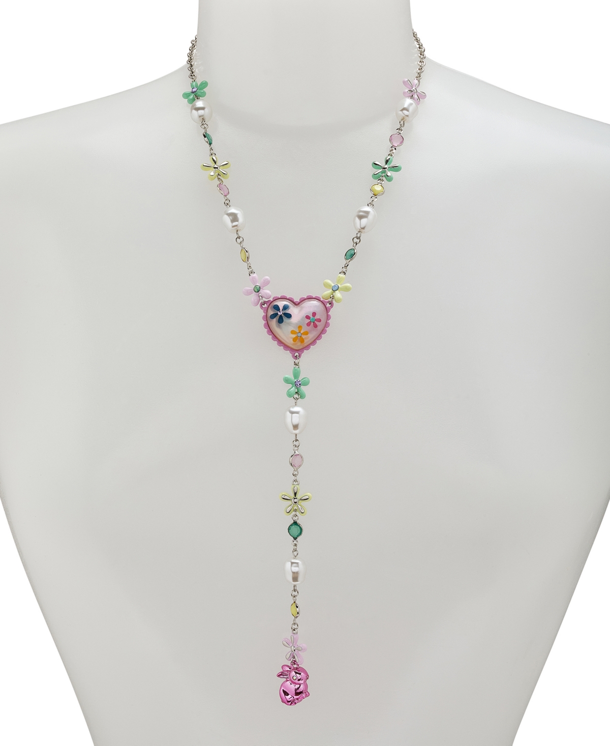 Betsey Johnson Faux Stone Spring Floral Heart Y Necklace In Multi,rhodium