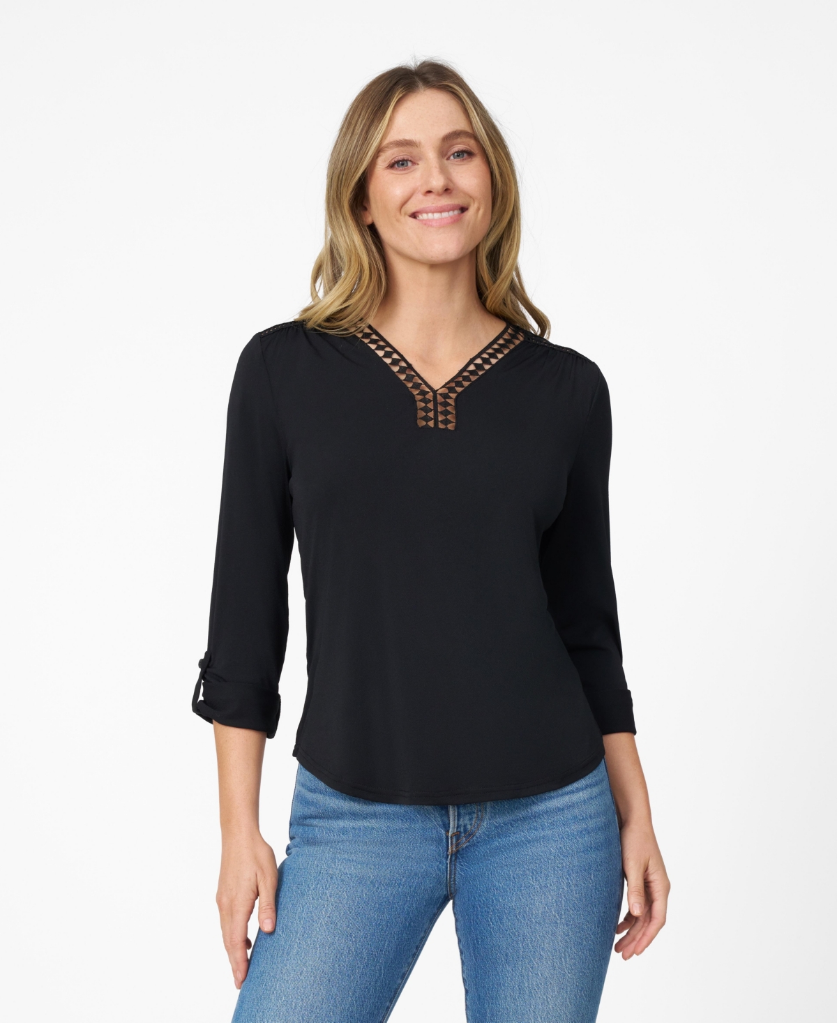 Women's Lace Trim Roll Tab Sleeve Top - Jet black