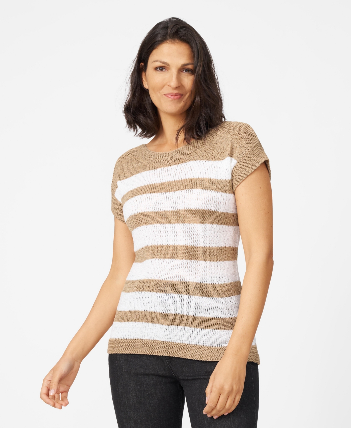 Cable & Gauge Women's Tape Yarn Knit Striped Crewneck Sweater - Cornstalk and white stripe