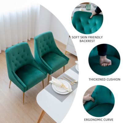 Modern Velvet Upholstered Dining Chairs Set of 2, Mid Century Side Chairs with 5.12” Cushions and Back Pull Rod for Kitchen, Living Room