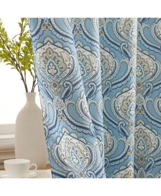 Messina Paisley Damask Patterned Back Tab Rod Pocket Curtains - Light Blocking Darkening Window Panels, Set of 2 (Blue/Yellow, 52 W x 84 L)