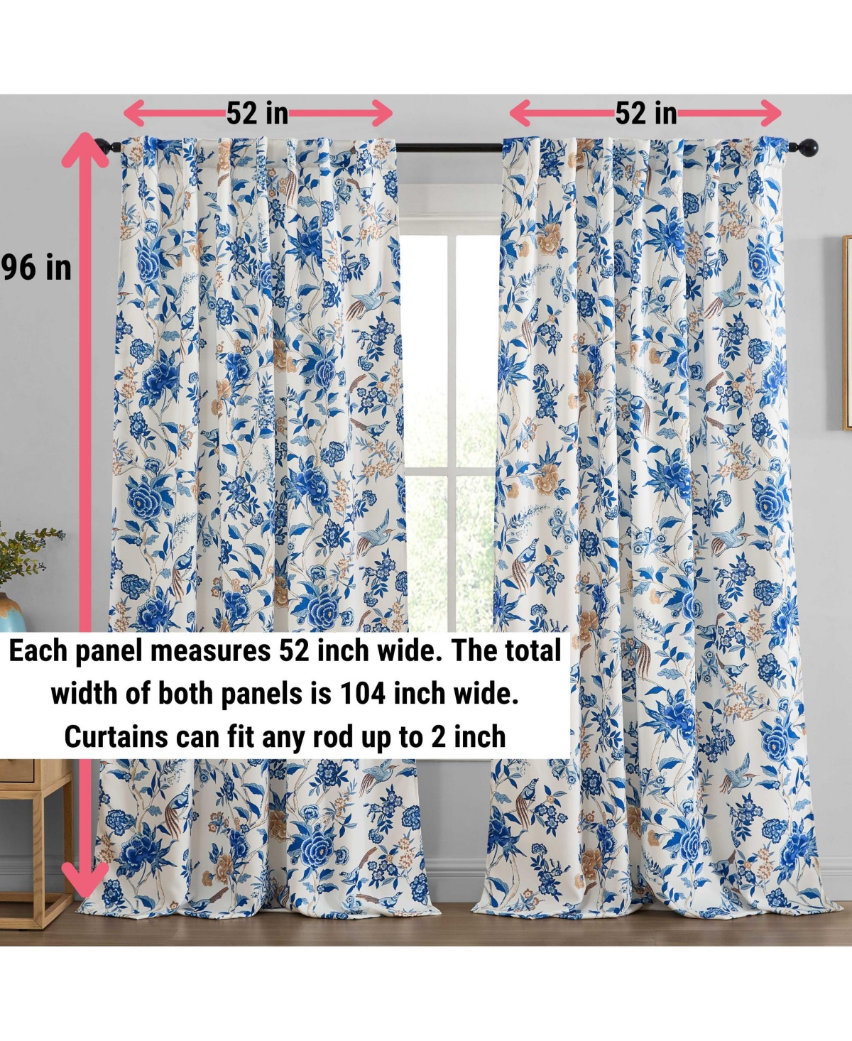 Hlc.me Scarlet Floral & Birds Patterned Back Tab Rod Pocket - Light Blocking Darkening Window Panels, Set of 2 (Blue