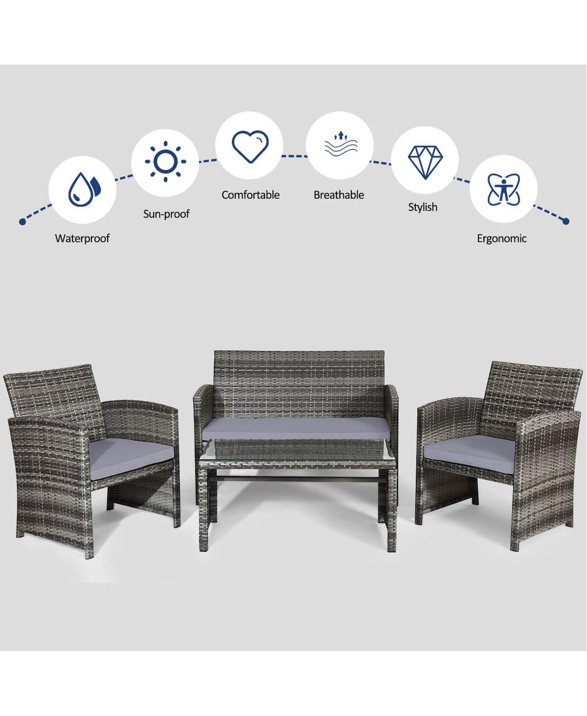 Gymax Set of 4 Rattan Furniture Set Conversation Glass Table Top Cushioned Sofa Patio