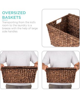 Set of 2 XL Water Hyacinth Woven Tapered Storage Basket Chests w/ Attached Lid, Handle Hole