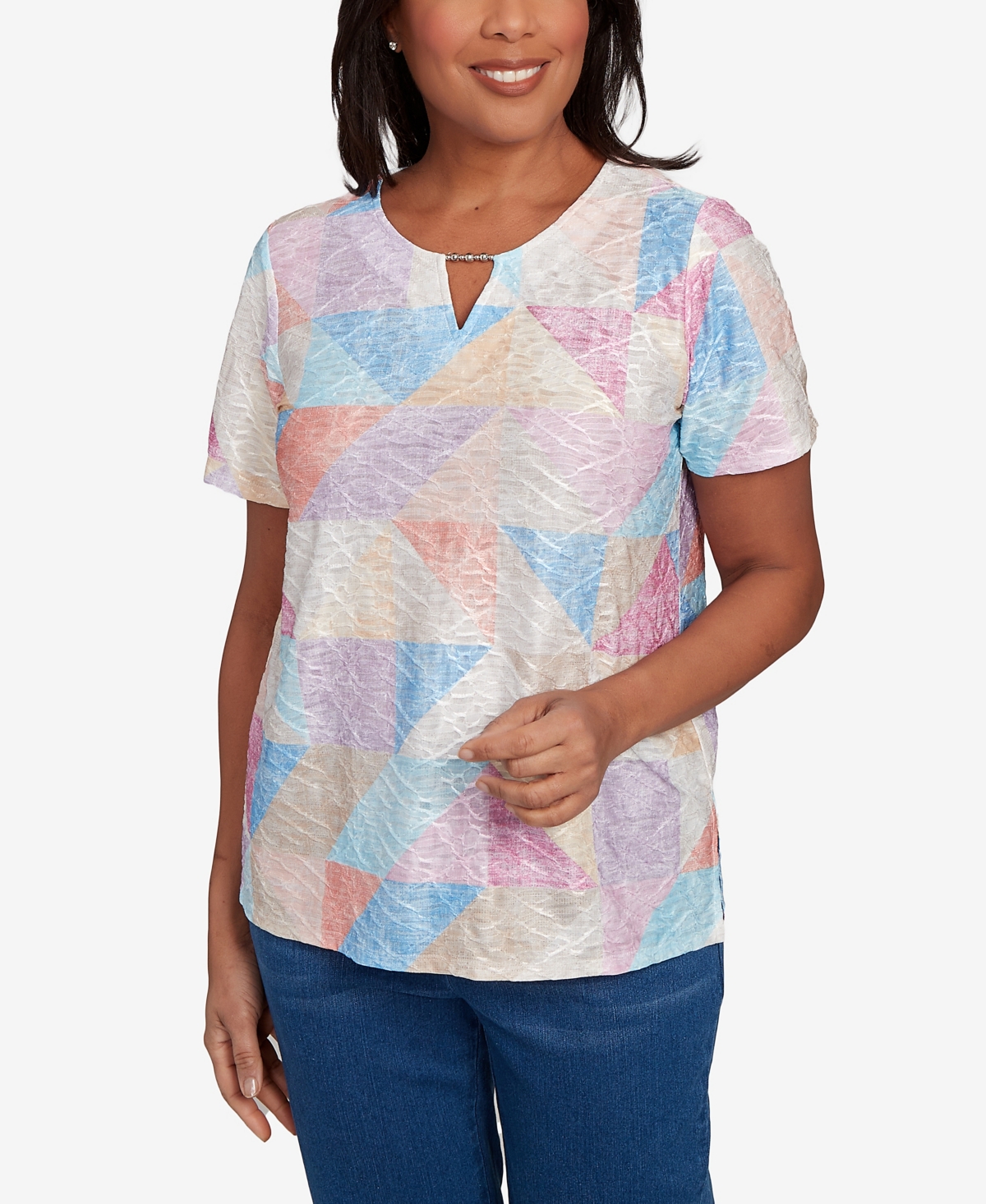 Alfred Dunner Women's Keyhole Geometric Patchwork Top In Blue