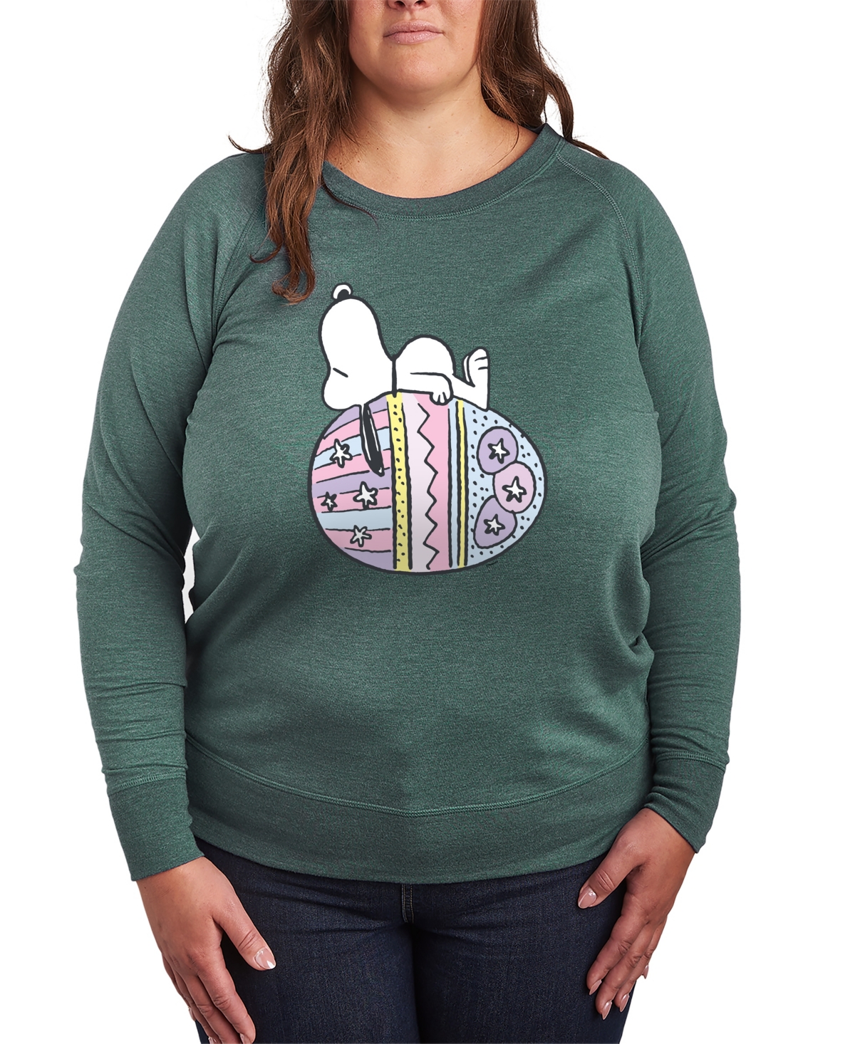 Hybrid Apparel Plus Size Peanuts Snoopy Easter Egg Graphic Pullover T-shirt In Green