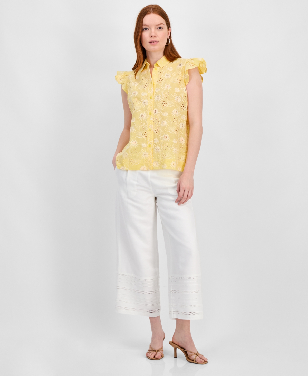 T Tahari Women's Cotton Eyelet Flutter-Sleeve Top