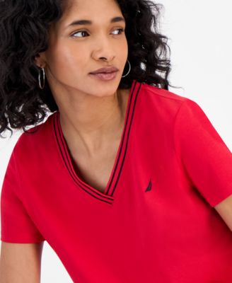 Women's Solid Stripe-Trim V-Neck