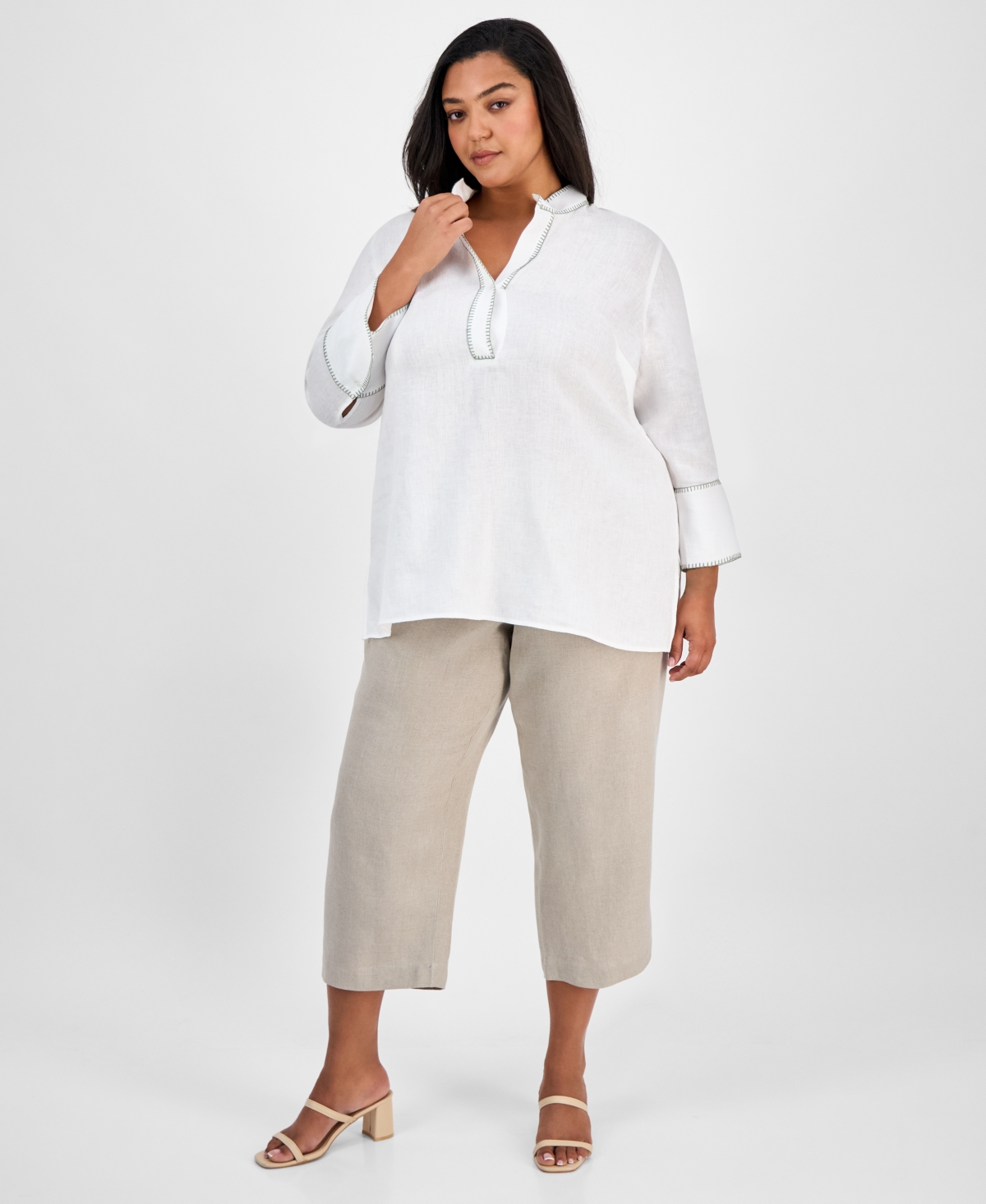 CHARTER CLUB PLUS SIZE 100% LINEN EMBROIDERED TOP, EXCLUSIVELY AT MACY'S 